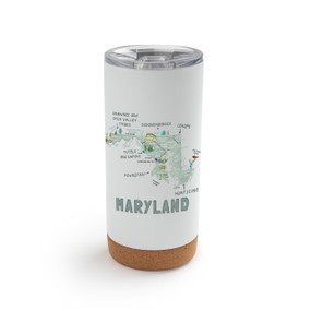 A white cork bottom tumbler with a graphic map image of Maryland and illustrations of famous locations and cities.