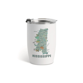 A white tumbler with a clear plastic lid and a map illustration of Mississippi with landmarks and cities.