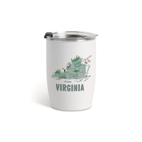 A white tumbler with a clear plastic lid and a map illustration of Virginia with landmarks and cities.