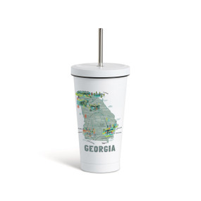 A white tumbler with a white lid and metal straw with a map illustration of Georgia with landmarks and cities.