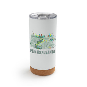 A white cork bottom tumbler with a graphic map image of Pennsylvania and illustrations of famous locations and cities.