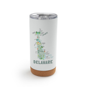 A white cork bottom tumbler with a graphic map image of Delaware and illustrations of famous locations and cities.