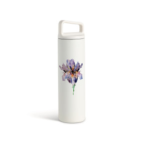 A white water bottle with a screw top handled lid. The front has a watercolor image of a purple iris.