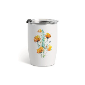 A white tumbler with a clear plastic lid and a watercolor image of sagebrush on the front.