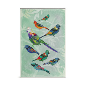 A wall art of colorful parrots on a light green background.