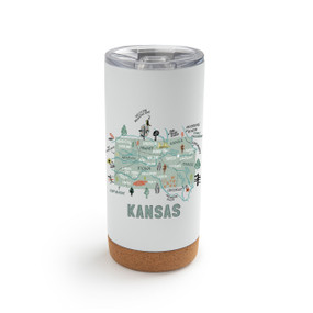 A white cork bottom tumbler with a graphic map image of Kansas and illustrations of famous locations and cities.