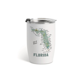 A white tumbler with a clear plastic lid and a map illustration of Florida with landmarks and cities.