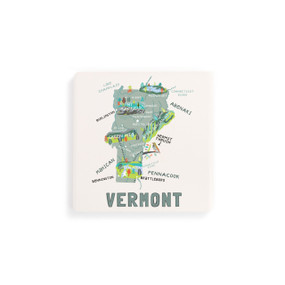 A set of four white square coasters with a map illustration of Vermont with famous landmarks and cities.