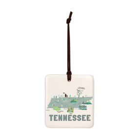 A square cream hanging tile magnet ornament with a map illustration of Tennessee with landmarks and cities.