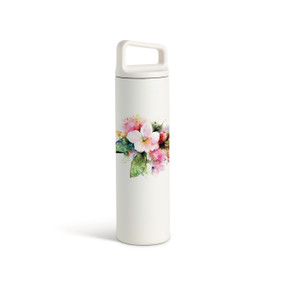 A white water bottle with a screw top handled lid. The front has a watercolor image of an apple blossom flower.