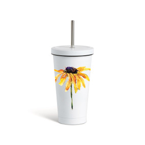 A white tumbler with a white lid and metal straw that has a watercolor image of a black eyed susan flower on the front.