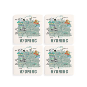 A set of four white square coasters with a map illustration of Wyoming with famous landmarks and cities.