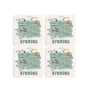 A set of four white square coasters with a map illustration of Wyoming with famous landmarks and cities.