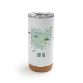 A white cork bottom tumbler with a graphic map image of Ohio and illustrations of famous locations and cities.