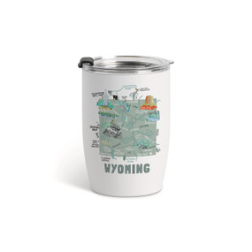A white tumbler with a clear plastic lid and a map illustration of Wyoming with landmarks and cities.