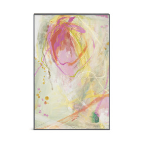 An abstract wall art of pink and yellow paint lines.
