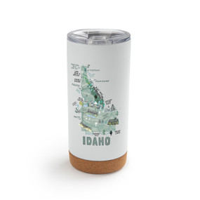 A white cork bottom tumbler with a graphic map image of Idaho and illustrations of famous locations and cities.