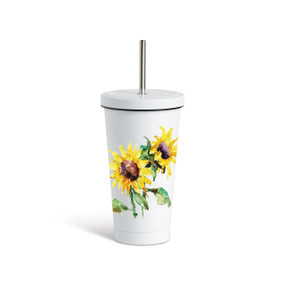 A white tumbler with a white lid and metal straw that has a watercolor image of yellow sunflowers on the front.