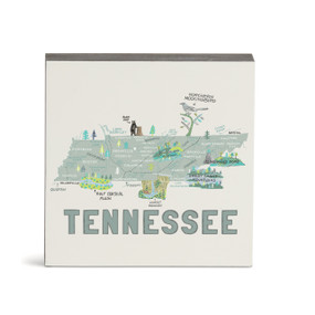 A white square wall art with an illustrated map of Tennessee with landmarks and cities.