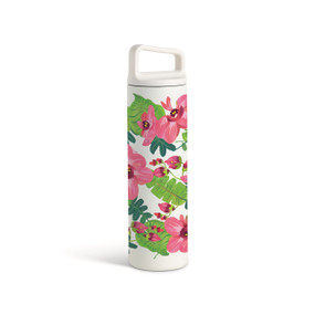 A white water bottle with a screw top handled lid. The image of pink tropical flowers and leaves are around the bottle.
