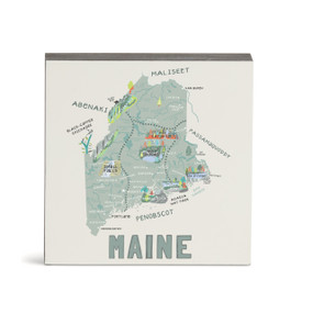 A white square wall art with an illustrated map of Maine with landmarks and cities.