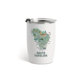 A white tumbler with a clear plastic lid and a map illustration of South Carolina with landmarks and cities.