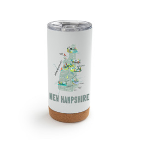 A white cork bottom tumbler with a graphic map image of New Hampshire and illustrations of famous locations and cities.