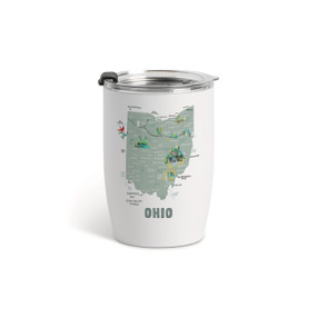 A white tumbler with a clear plastic lid and a map illustration of Ohio with landmarks and cities.
