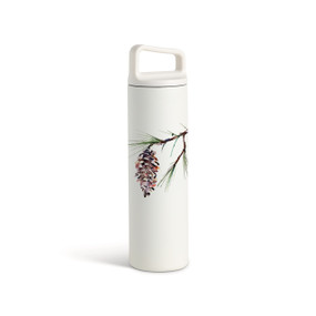 A white water bottle with a screw top handled lid. The front has a watercolor image of a white pine branch.