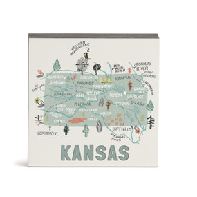 A white square wall art with an illustrated map of Kansas with landmarks and cities.