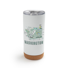 A white cork bottom tumbler with a graphic map image of Washington and illustrations of famous locations and cities.