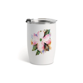 A white tumbler with a clear plastic lid and a watercolor image of American dogwood flower on the front.