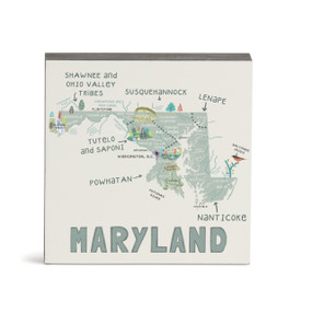 A white square wall art with an illustrated map of Maryland with landmarks and cities.