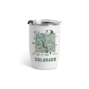 A white tumbler with a clear plastic lid and a map illustration of Colorado with landmarks and cities.