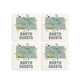 A set of four white square coasters with a map illustration of North Dakota with famous landmarks and cities.