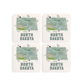 A set of four white square coasters with a map illustration of North Dakota with famous landmarks and cities.