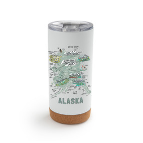 A white cork bottom tumbler with a graphic map image of Alaska and illustrations of famous locations and cities.