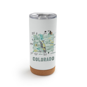 A white cork bottom tumbler with a graphic map image of Colorado and illustrations of famous locations and cities.