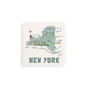 A set of four white square coasters with a map illustration of New York with famous landmarks and cities.