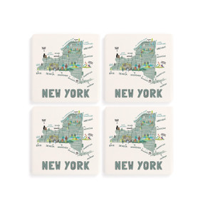 A set of four white square coasters with a map illustration of New York with famous landmarks and cities.