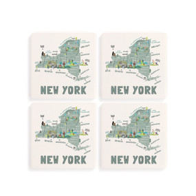 A set of four white square coasters with a map illustration of New York with famous landmarks and cities.