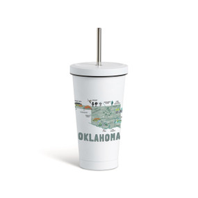 A white tumbler with a white lid and metal straw with a map illustration of Oklahoma with landmarks and cities.