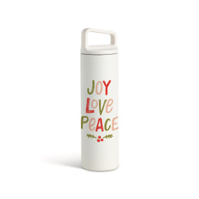 A white water bottle with a screw top handled lid. The words "Joy Love Peace" are in green and red.