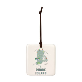 A square cream hanging tile magnet ornament with a map illustration of Rhode Island with landmarks and cities.