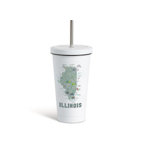 A white tumbler with a white lid and metal straw with a map illustration of Illinois with landmarks and cities.