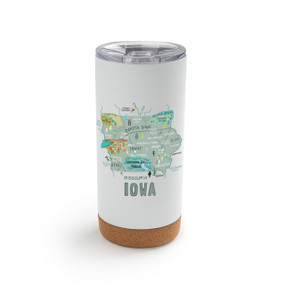 A white cork bottom tumbler with a graphic map image of Iowa and illustrations of famous locations and cities.