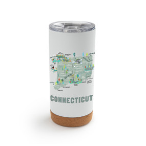 A white cork bottom tumbler with a graphic map image of Connecticut and illustrations of famous locations and cities.