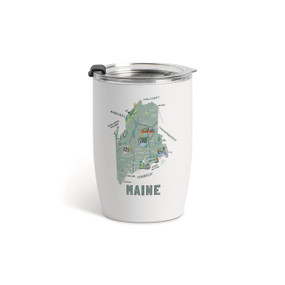 A white tumbler with a clear plastic lid and a map illustration of Maine with landmarks and cities.