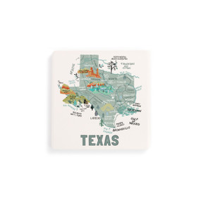 A set of four white square coasters with a map illustration of Texas with famous landmarks and cities.