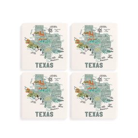 A set of four white square coasters with a map illustration of Texas with famous landmarks and cities.